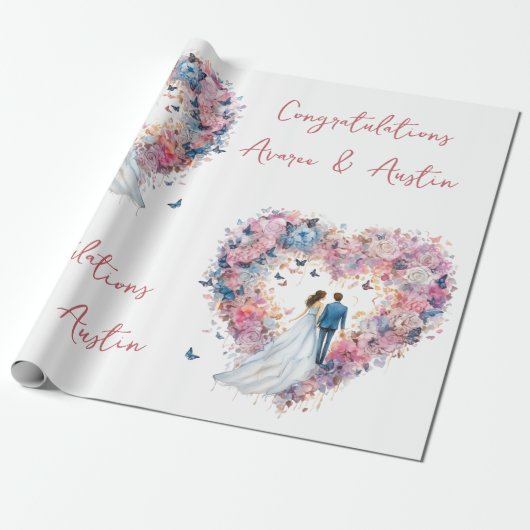 ピンクのフローラ結婚ハート/シャワーおめでとう ラッピングペーパー (アンロールド)