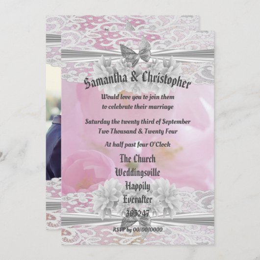 ピンクのフローラ結婚レースの写真の招待 招待状 (正面/裏面)