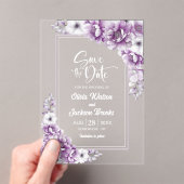 ピンクのフローラ結婚式の日付を保存 アクリル招待状 (インサイチュ (ポータブル))