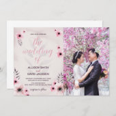ピンクのフローラ結婚式招待状と写真 招待状 (正面/裏面)