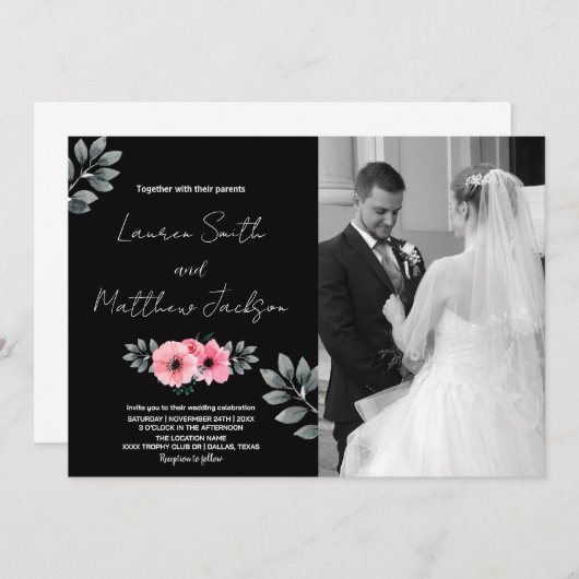 ピンクのフローラ結婚式招待状と写真 招待状 (正面/裏面)