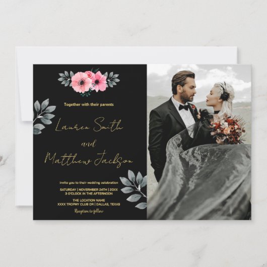 ピンクのフローラ結婚式招待状と写真 招待状 (正面)