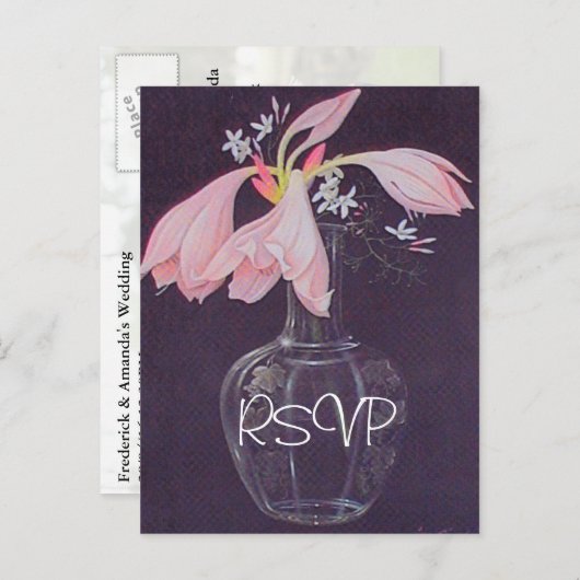 ピンクのフローラ結婚式招待状RSVPと写真 インビテーションポストカード (正面/裏面)