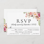 ピンクのフローラ結婚式RSVPカードと食事オプション 出欠カード (正面/裏面)