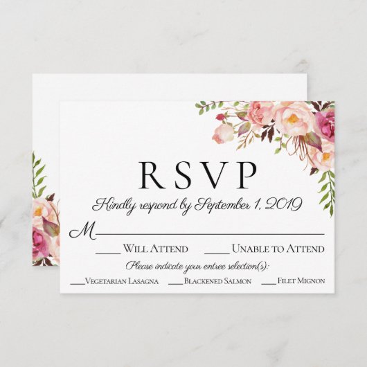 ピンクのフローラ結婚式RSVPカードと食事オプション 出欠カード (正面/裏面)
