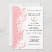 ピンクのフローラ結婚渦巻き旋回とRSVP 招待状 (正面)