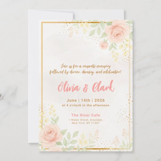 ピンクのフローラ結婚緑と金ゴールドアクセント 招待状 (正面)