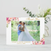 ピンクのフローラ結婚金ゴールドの写真サンキューカード サンキューカード (スタンド正面)
