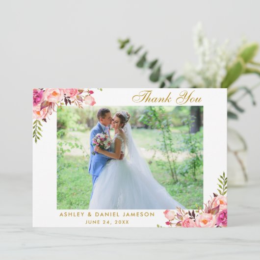 ピンクのフローラ結婚金ゴールドの写真サンキューカード サンキューカード (スタンド正面)