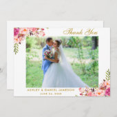 ピンクのフローラ結婚金ゴールドの写真サンキューカード サンキューカード (正面/裏面)