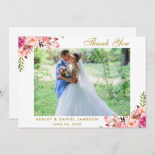 ピンクのフローラ結婚金ゴールドの写真サンキューカード サンキューカード (正面/裏面)