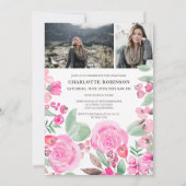 ピンクのフローラ緑のスクリプト3枚の写真の卒業 招待状 (裏面)