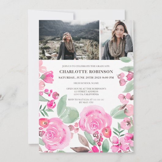 ピンクのフローラ緑のスクリプト3枚の写真の卒業 招待状 (裏面)