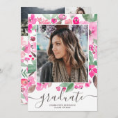 ピンクのフローラ緑のスクリプト3枚の写真の卒業 招待状 (正面/裏面)