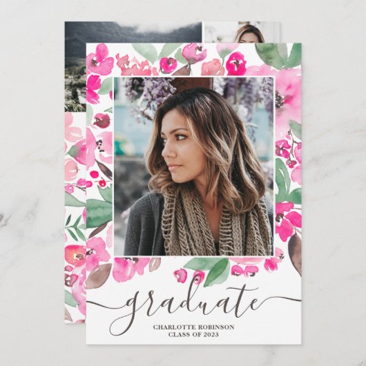 ピンクのフローラ緑のスクリプト3枚の写真の卒業 招待状 (正面/裏面)
