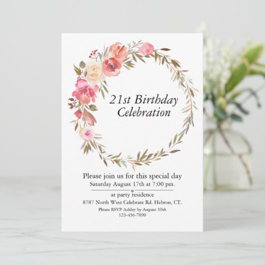 ピンクのフローラ緑のボホ、カスタマイズ可能な21誕生日 招待状 (スタンド正面)