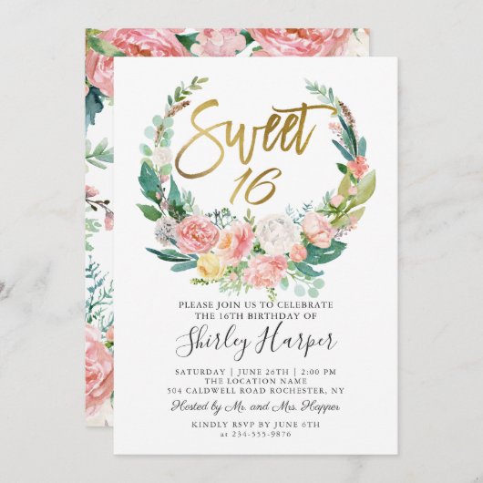 ピンクのフローラ緑のリース金ゴールドスクリプトスイート16 招待状 (正面/裏面)