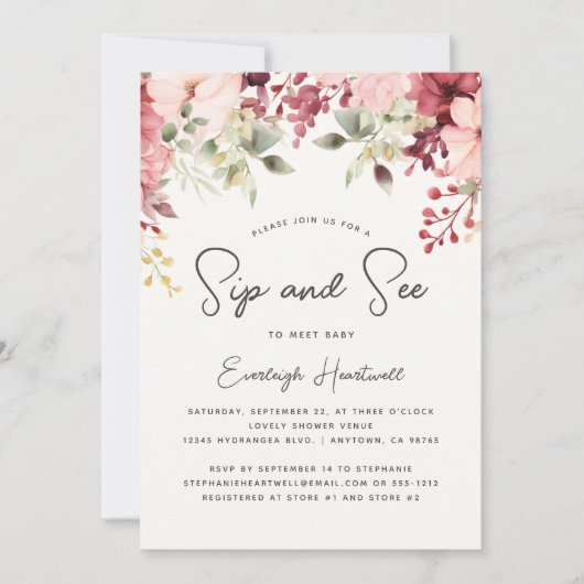 ピンクのフローラ緑の園区と見る女の子ベビーシャワー 招待状 (正面)