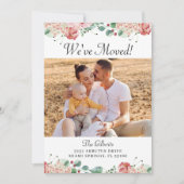 ピンクのフローラ緑の引っ越し祝いパーティーパーティー写真 招待状 (正面)