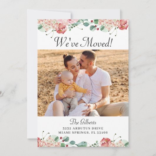 ピンクのフローラ緑の引っ越し祝いパーティーパーティー写真 招待状 (正面)