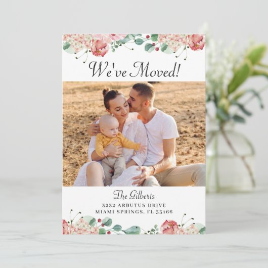 ピンクのフローラ緑の引っ越し祝いパーティーパーティー写真 招待状 (スタンド正面)