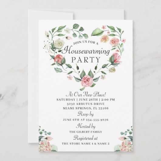 ピンクのフローラ緑の引っ越し祝いパーティーパーティー写真 招待状 (裏面)