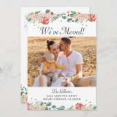 ピンクのフローラ緑の引っ越し祝いパーティーパーティー写真 招待状 (正面/裏面)