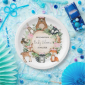 ピンクのフローラ緑の森林地に動物のベビーシャワー ペーパープレート (パーティー)