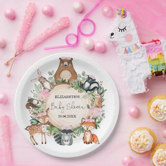 ピンクのフローラ緑の森林地に動物のベビーシャワー ペーパープレート (パーティー)
