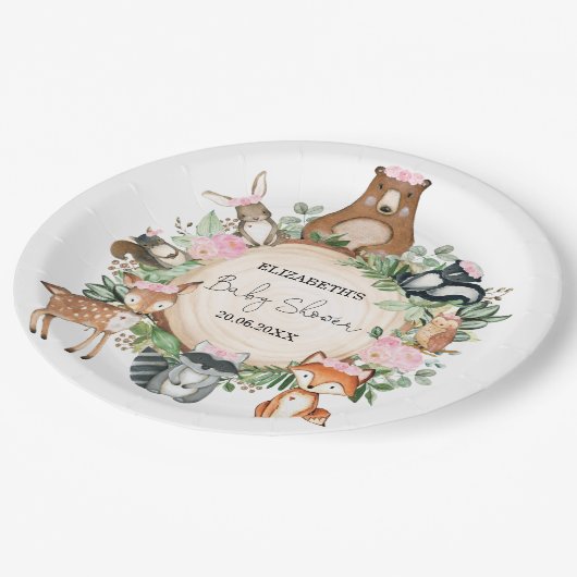 ピンクのフローラ緑の森林地に動物のベビーシャワー ペーパープレート (アングル)