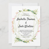 ピンクのフローラ緑の葉のフレームクリスタル結婚ズ 招待状 (正面)