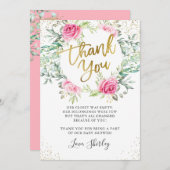 ピンクのフローラ緑の金ゴールドスクリプトベビーシャワー サンキューカード (正面/裏面)