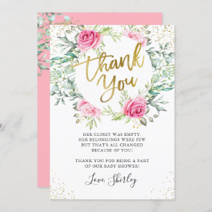 ピンクのフローラ緑の金ゴールドスクリプトベビーシャワー サンキューカード