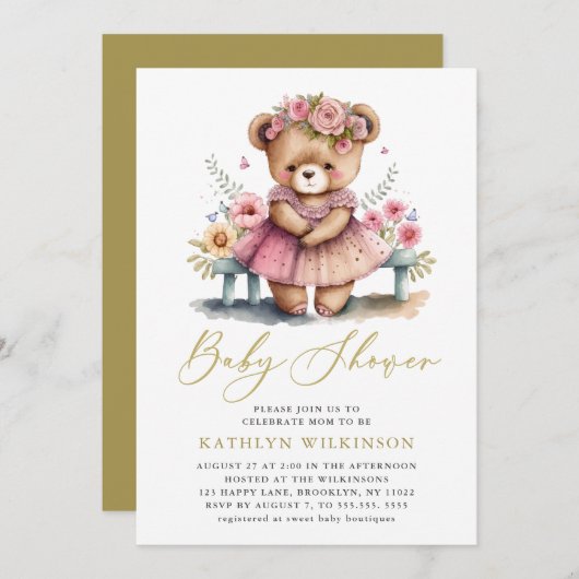 ピンクのフローラ緑エレガントのスクリプト赤ちゃんシャワー 招待状 (正面/裏面)