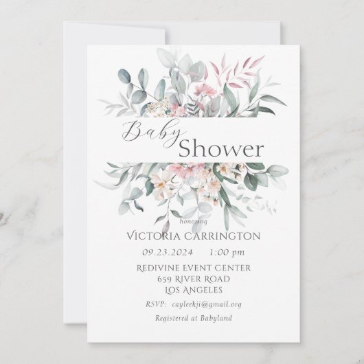 ピンクのフローラ緑エレガントの赤ちゃんシャワー 招待状 (正面)