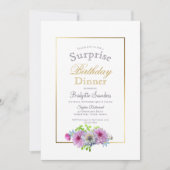 ピンクのフローラ縁ど金ゴールドサプライズ誕生日 招待状 (正面)