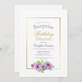 ピンクのフローラ縁ど金ゴールドサプライズ誕生日 招待状 (正面/裏面)