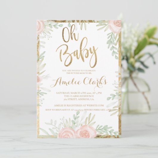 ピンクのフローラ縁ど金ゴールドシックな白ベビーシャワー 招待状 (スタンド正面)