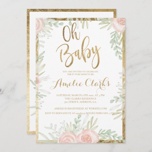 ピンクのフローラ縁ど金ゴールドシックな白ベビーシャワー 招待状 (正面/裏面)