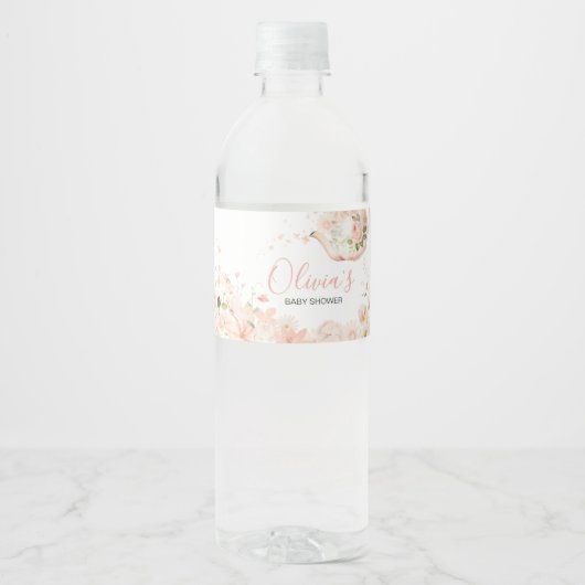 ピンクのフローラ茶で2つの赤ちゃんシャワー ペットボトルラベル (正面)