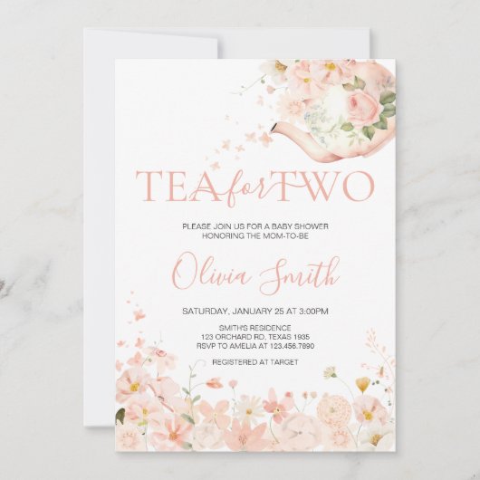 ピンクのフローラ茶で2つの赤ちゃんシャワー 招待状 (正面)