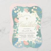 ピンクのフローラ葉ガールファースト聖餐式 招待状 (正面/裏面)