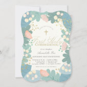 ピンクのフローラ葉ガールファースト聖餐式 招待状 (正面)