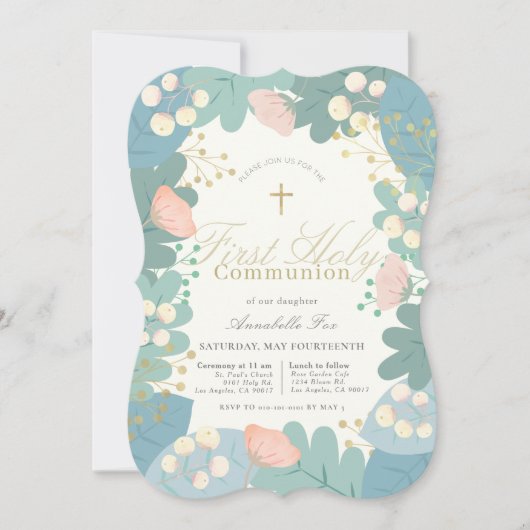 ピンクのフローラ葉ガールファースト聖餐式 招待状 (正面)