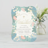 ピンクのフローラ葉ガールファースト聖餐式 招待状 (スタンド正面)