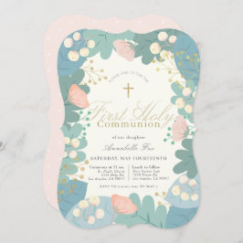 ピンクのフローラ葉ガールファースト聖餐式 招待状