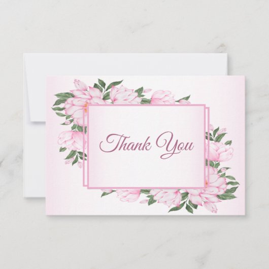 ピンクのフローラ葉グリーンパーティーエレガント サンキューカード (正面)