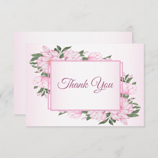 ピンクのフローラ葉グリーンパーティーエレガント サンキューカード (正面/裏面)