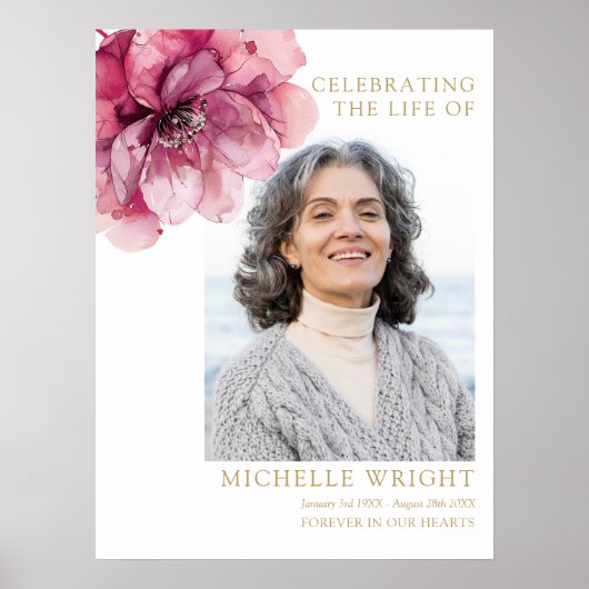 ピンクのフローラ葬儀お祝いのライフフォトサイン ポスター (正面)