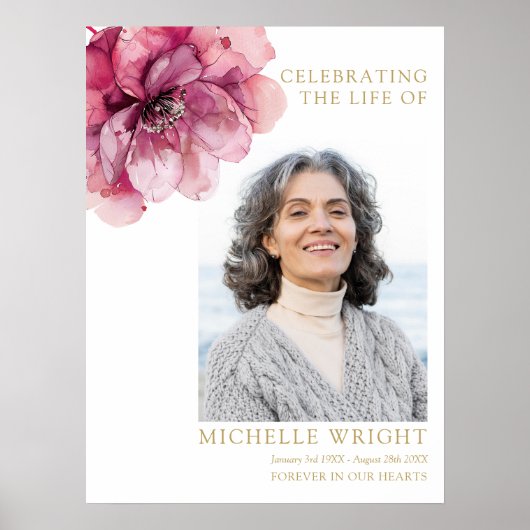 ピンクのフローラ葬儀お祝いのライフフォトサイン ポスター (正面)